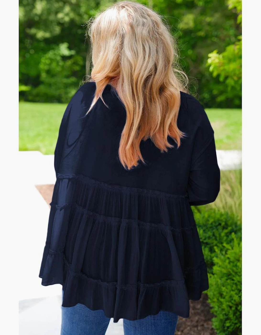 Navy Blue Tiered Ruffle Ribbed Crew Neck Pullover Plus Size Top, 6 of 5