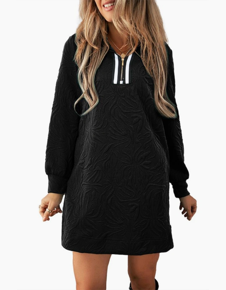 Black Jacquard Textured Quarter Zipper Shift Mini Dress