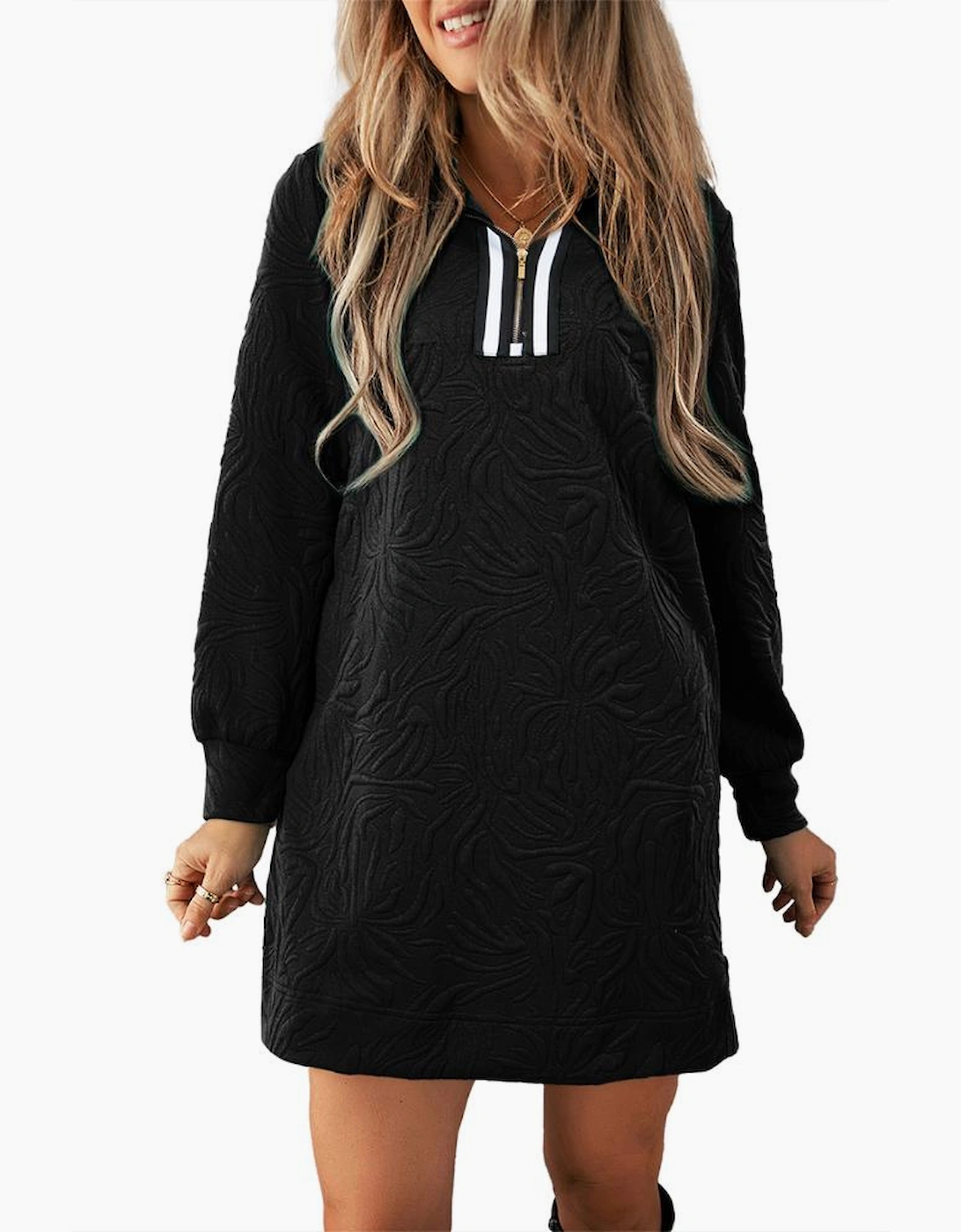 Black Jacquard Textured Quarter Zipper Shift Mini Dress