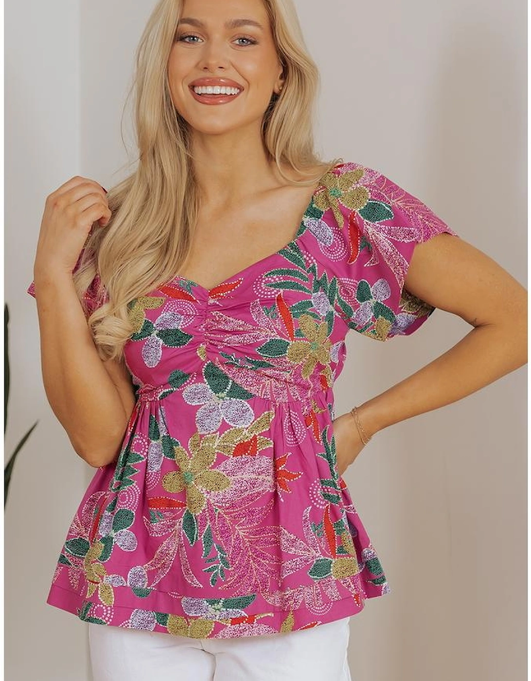 Purple Floral Print Sweetheart Neck Flutter Sleeve Blouse