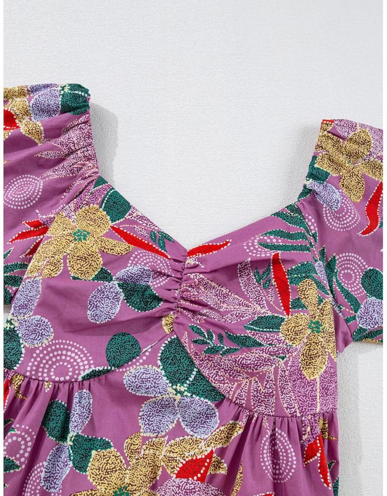 Purple Floral Print Sweetheart Neck Flutter Sleeve Blouse