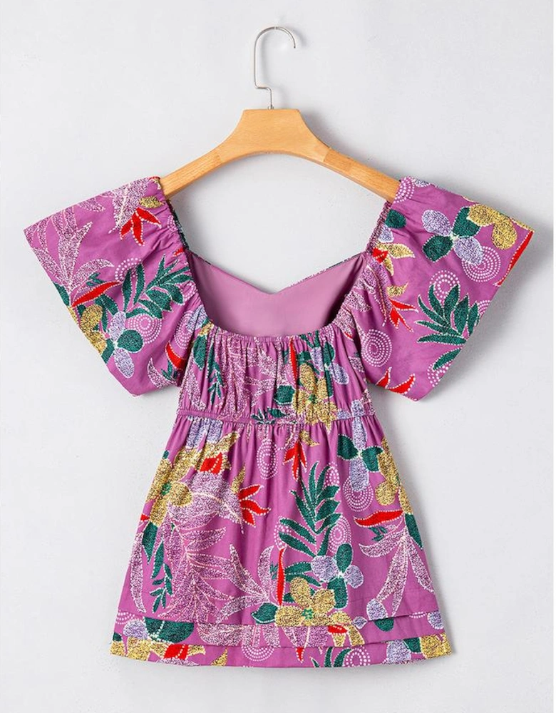 Purple Floral Print Sweetheart Neck Flutter Sleeve Blouse