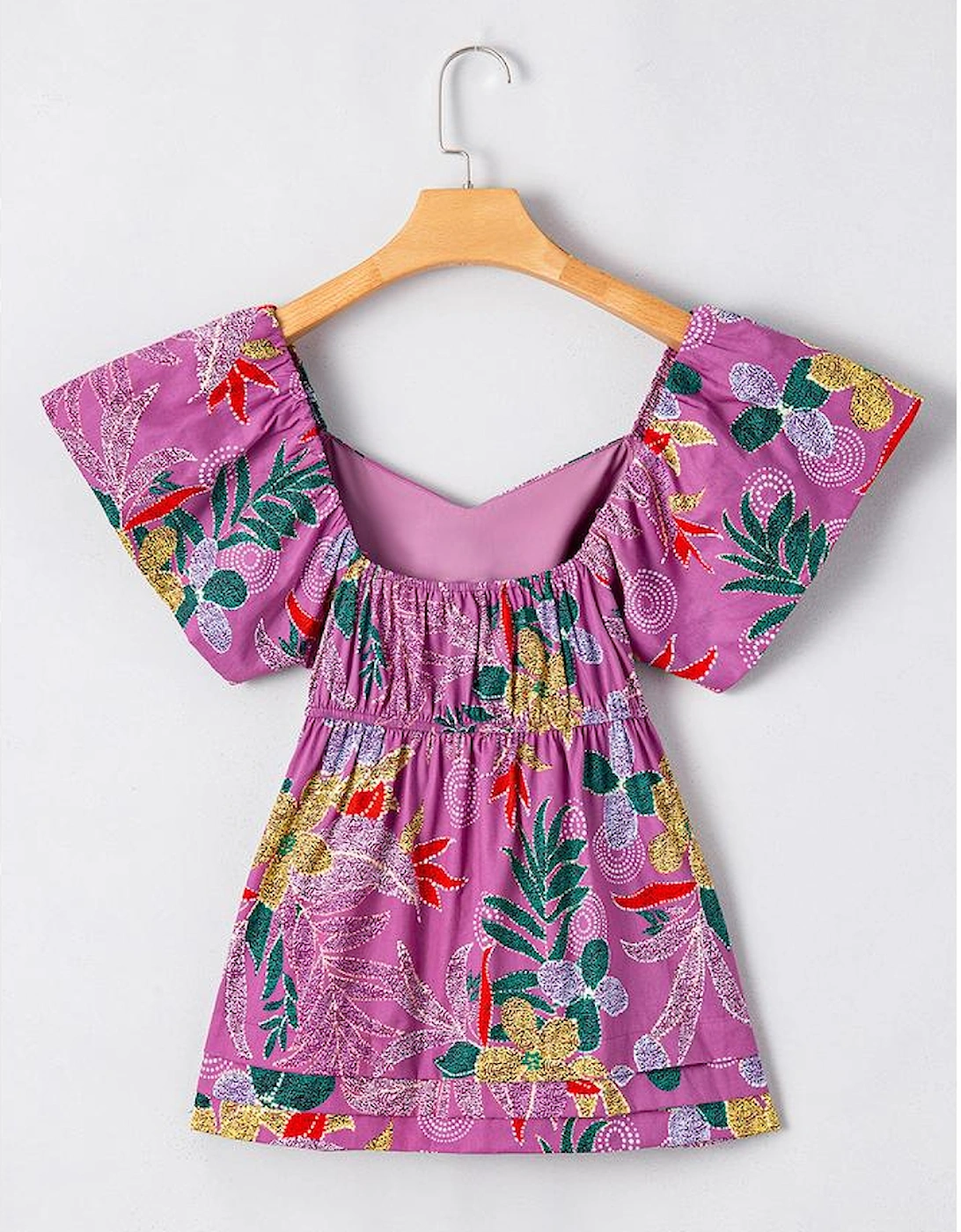 Purple Floral Print Sweetheart Neck Flutter Sleeve Blouse