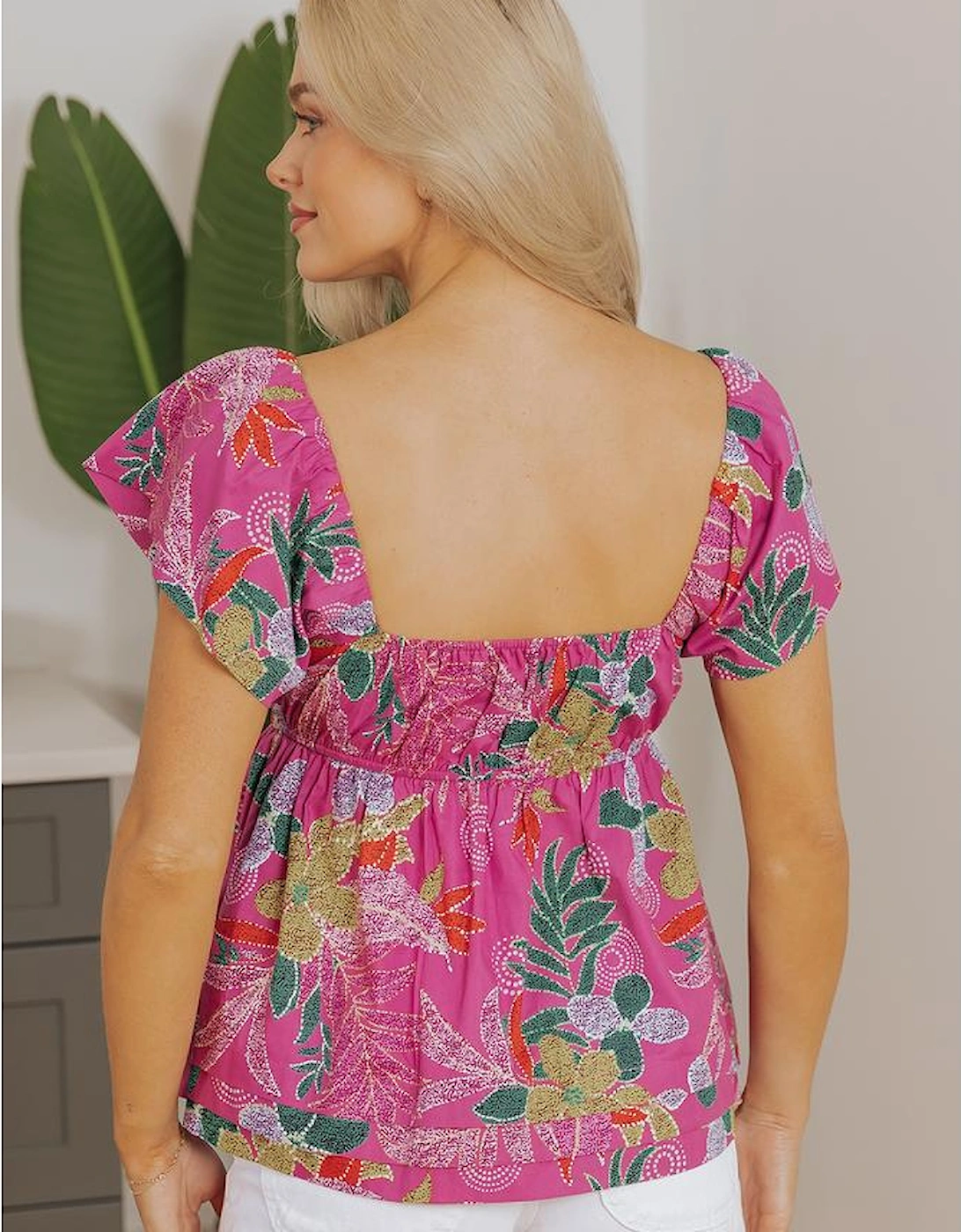 Purple Floral Print Sweetheart Neck Flutter Sleeve Blouse, 16 of 15