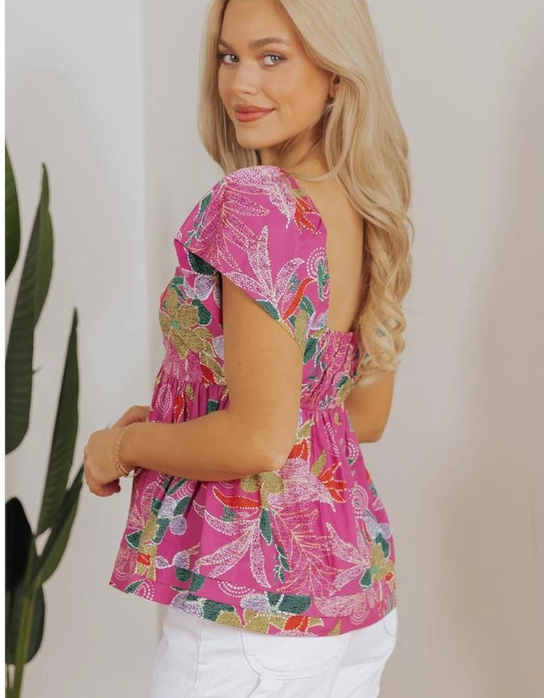 Purple Floral Print Sweetheart Neck Flutter Sleeve Blouse