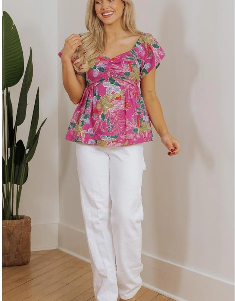 Purple Floral Print Sweetheart Neck Flutter Sleeve Blouse