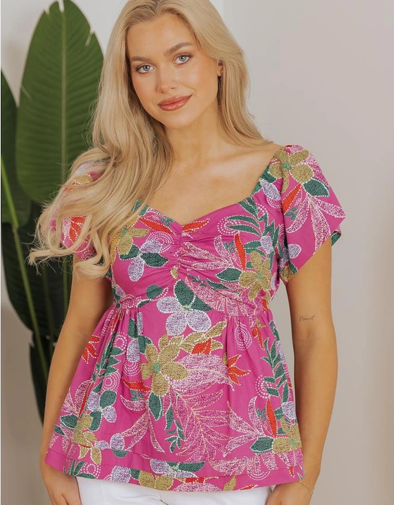 Purple Floral Print Sweetheart Neck Flutter Sleeve Blouse