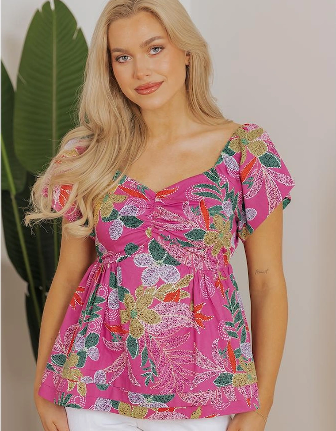 Purple Floral Print Sweetheart Neck Flutter Sleeve Blouse