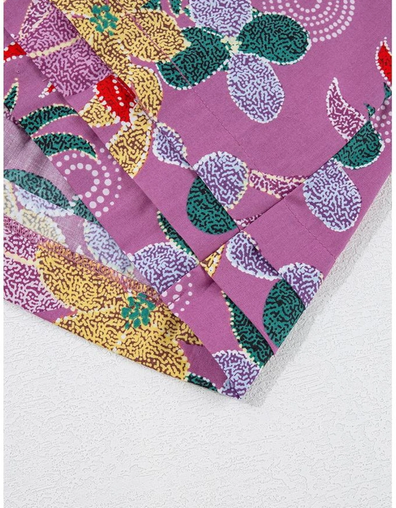 Purple Floral Print Sweetheart Neck Flutter Sleeve Blouse