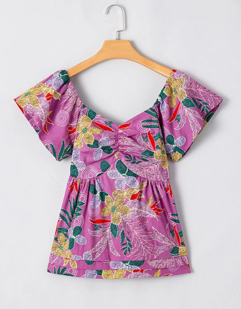 Purple Floral Print Sweetheart Neck Flutter Sleeve Blouse