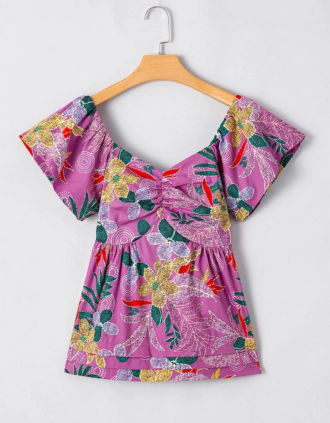 Purple Floral Print Sweetheart Neck Flutter Sleeve Blouse