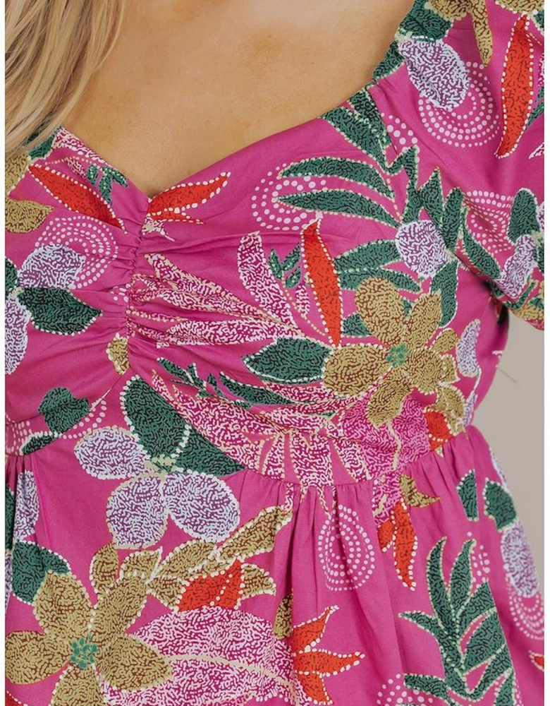 Purple Floral Print Sweetheart Neck Flutter Sleeve Blouse