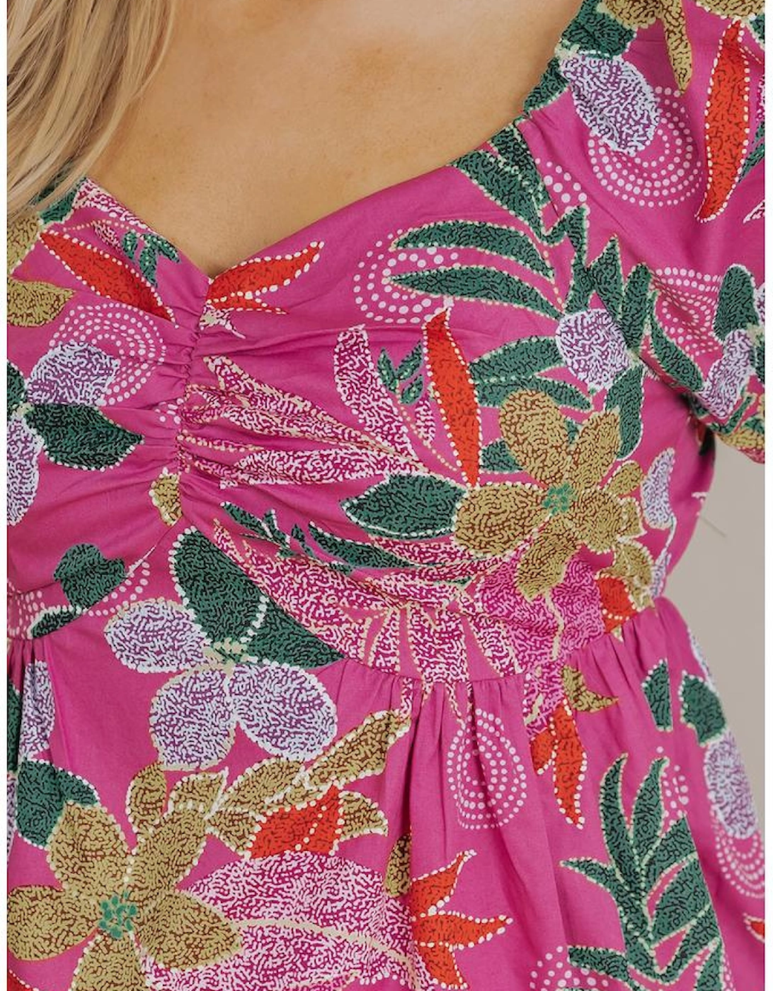Purple Floral Print Sweetheart Neck Flutter Sleeve Blouse
