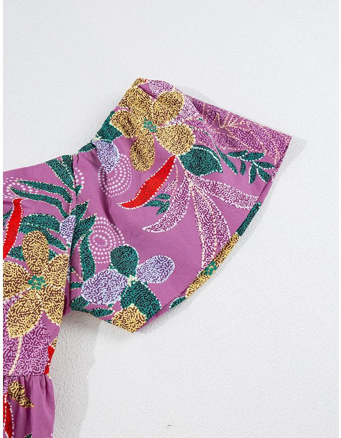 Purple Floral Print Sweetheart Neck Flutter Sleeve Blouse