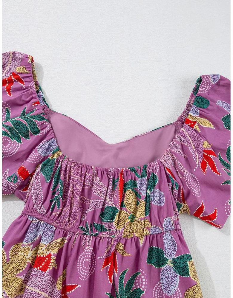 Purple Floral Print Sweetheart Neck Flutter Sleeve Blouse