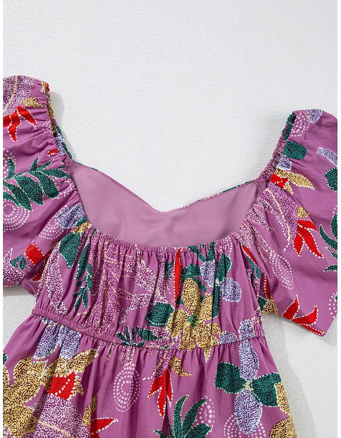 Purple Floral Print Sweetheart Neck Flutter Sleeve Blouse