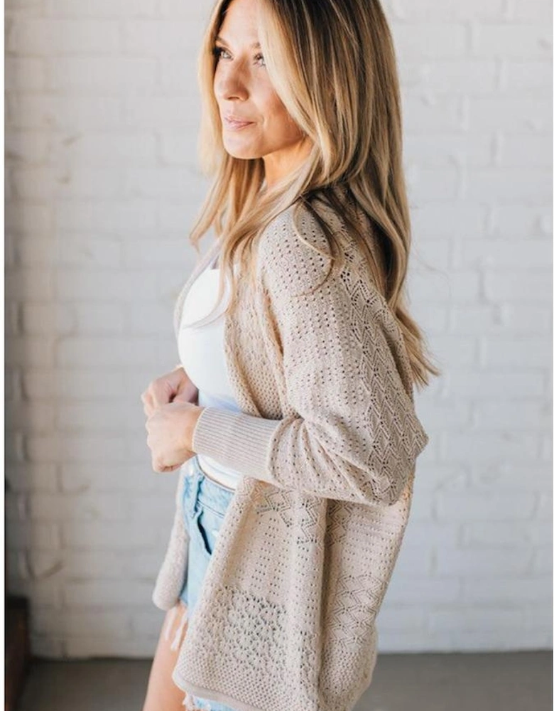 Jet Stream Mix Pattern Hollowed Knit Open Front Cardigan