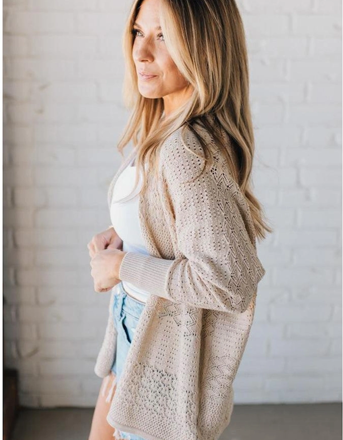 Jet Stream Mix Pattern Hollowed Knit Open Front Cardigan