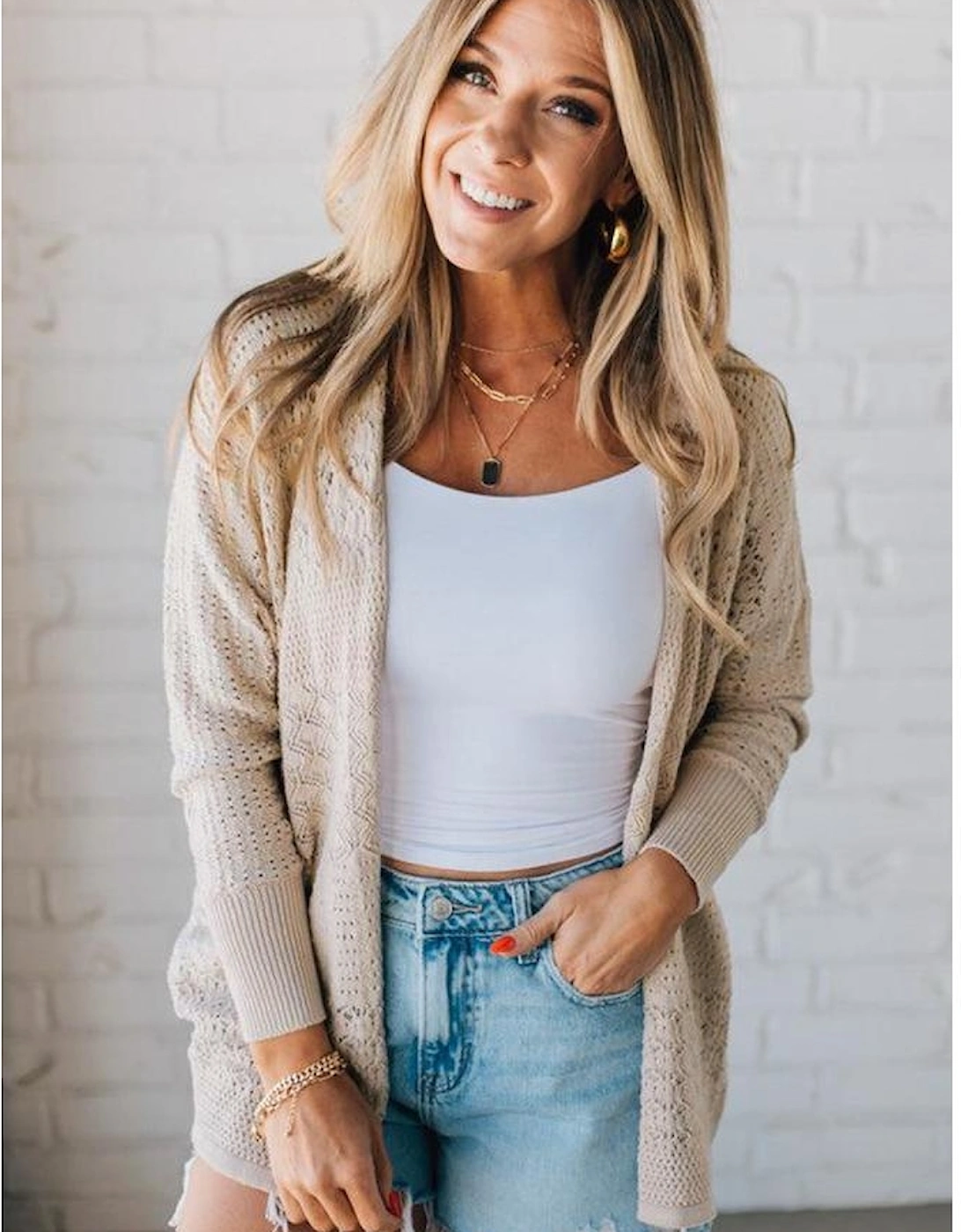 Jet Stream Mix Pattern Hollowed Knit Open Front Cardigan