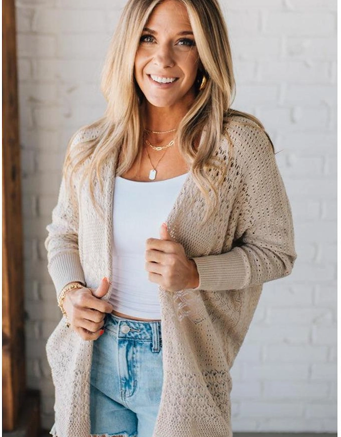 Jet Stream Mix Pattern Hollowed Knit Open Front Cardigan