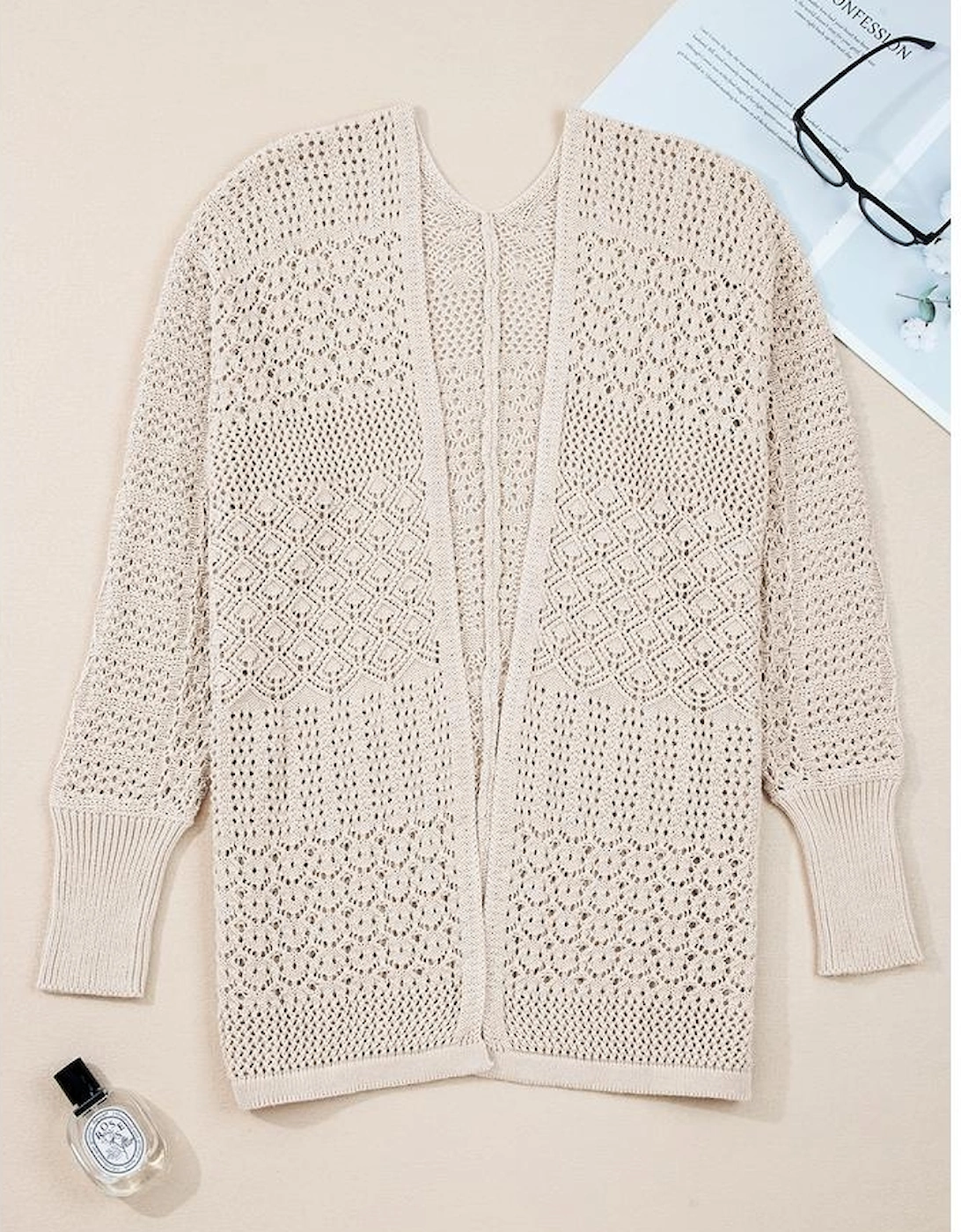 Jet Stream Mix Pattern Hollowed Knit Open Front Cardigan