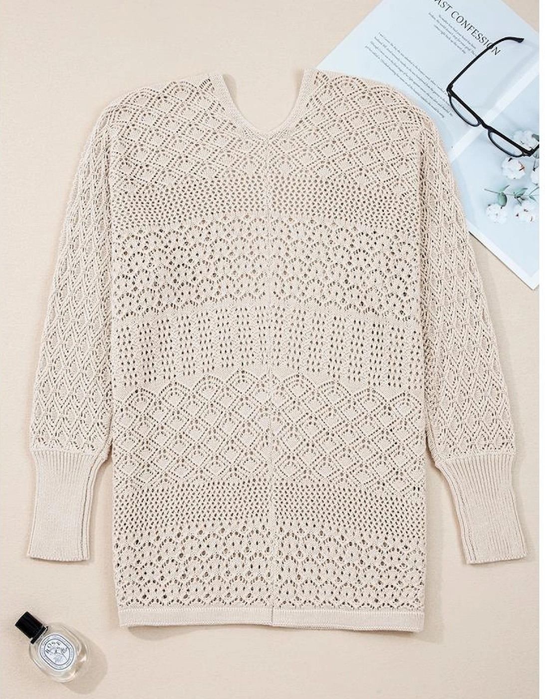 Jet Stream Mix Pattern Hollowed Knit Open Front Cardigan