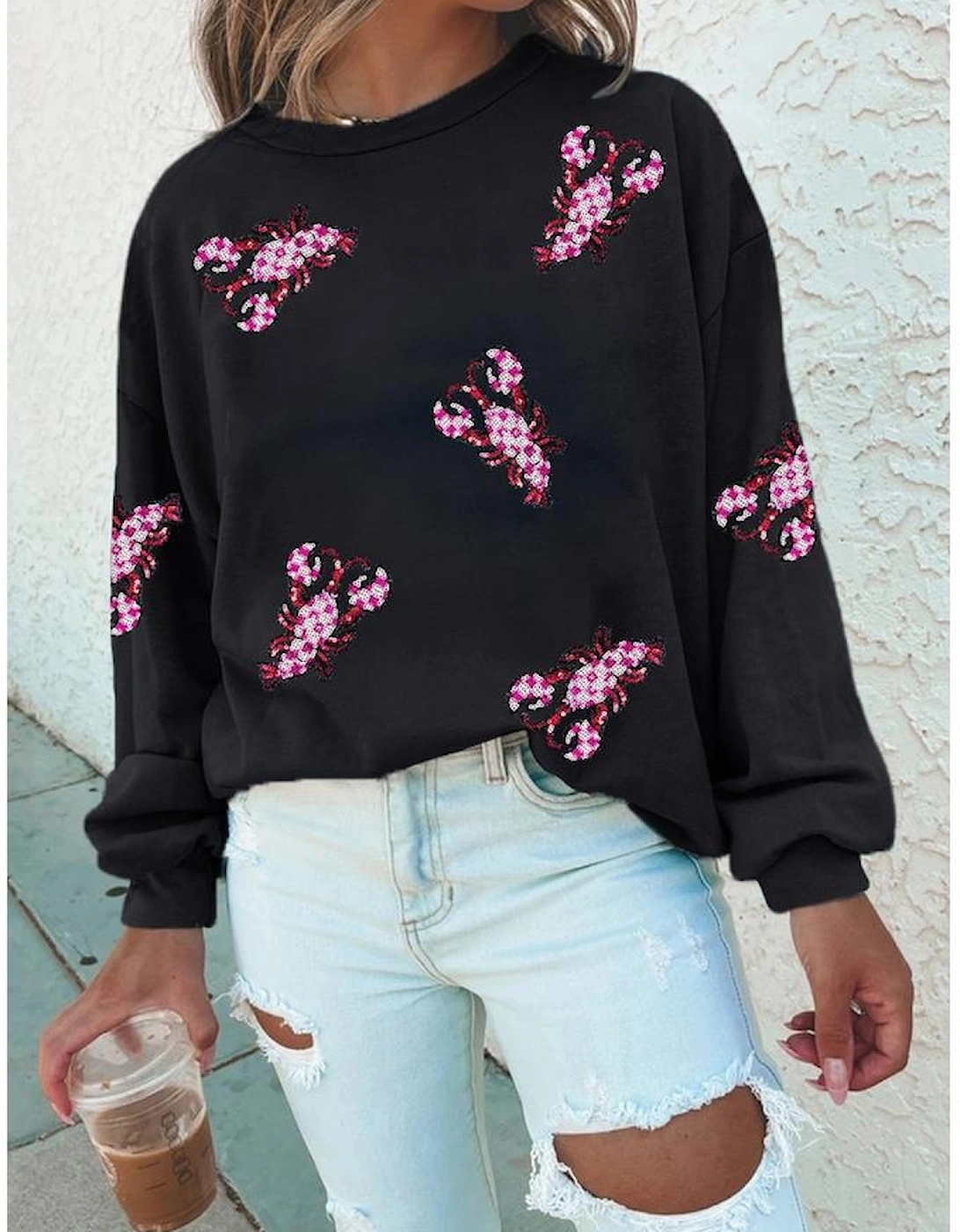 Black Sequined Crawfish Graphic Drop Shoulder Sweatshirt