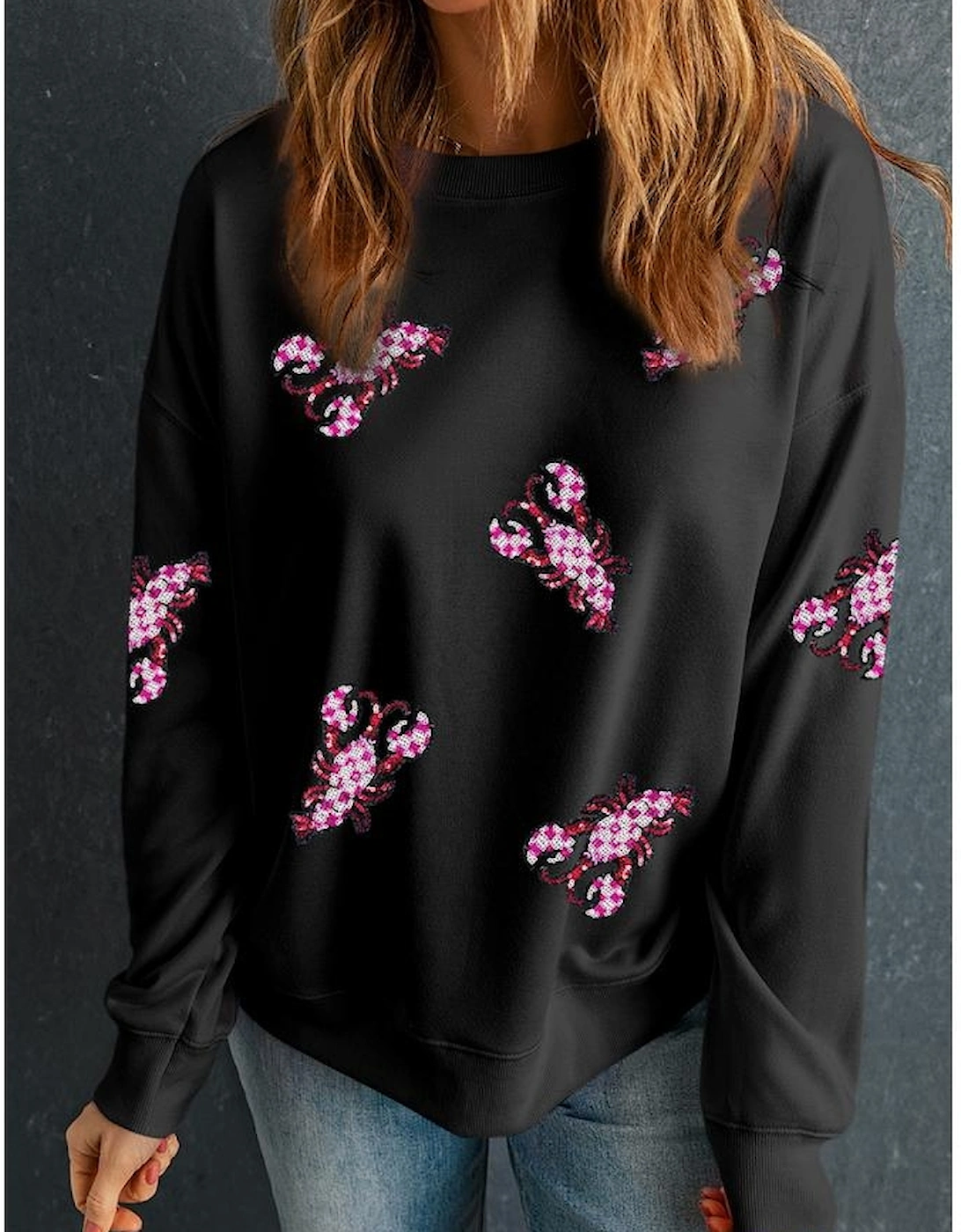 Black Sequined Crawfish Graphic Drop Shoulder Sweatshirt