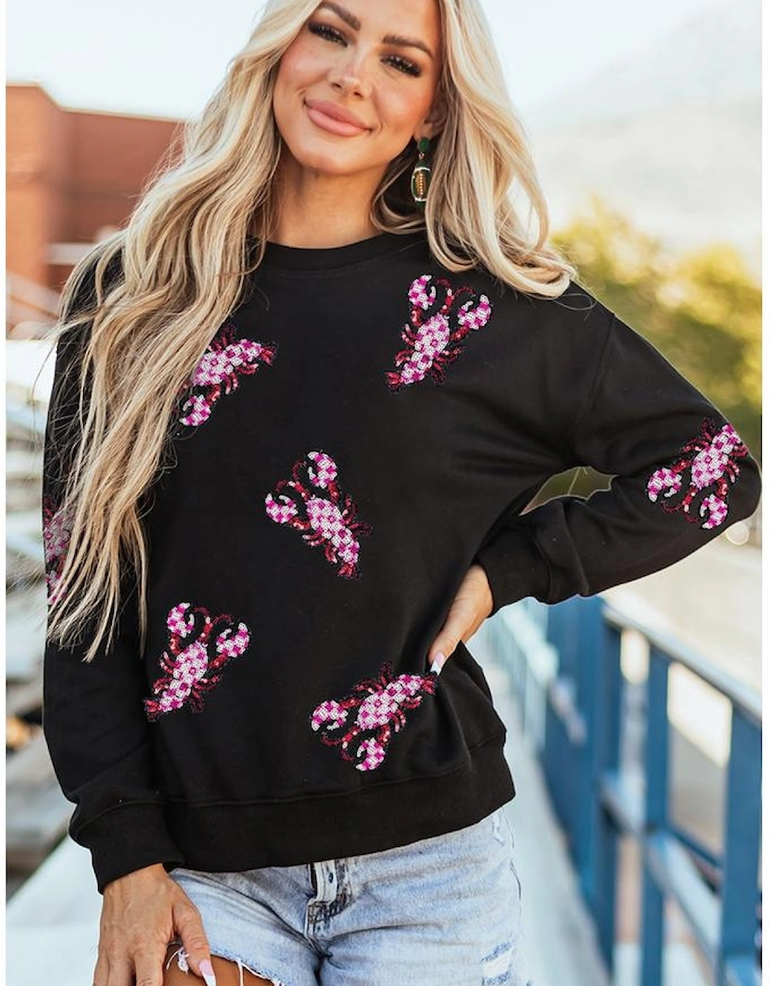 Black Sequined Crawfish Graphic Drop Shoulder Sweatshirt, 5 of 4