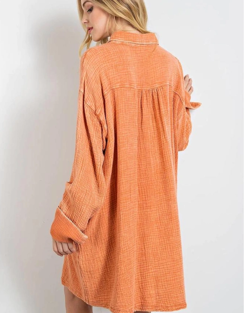 Orange Crinkled Dual Chest Pocket Oversized Shirt Dress