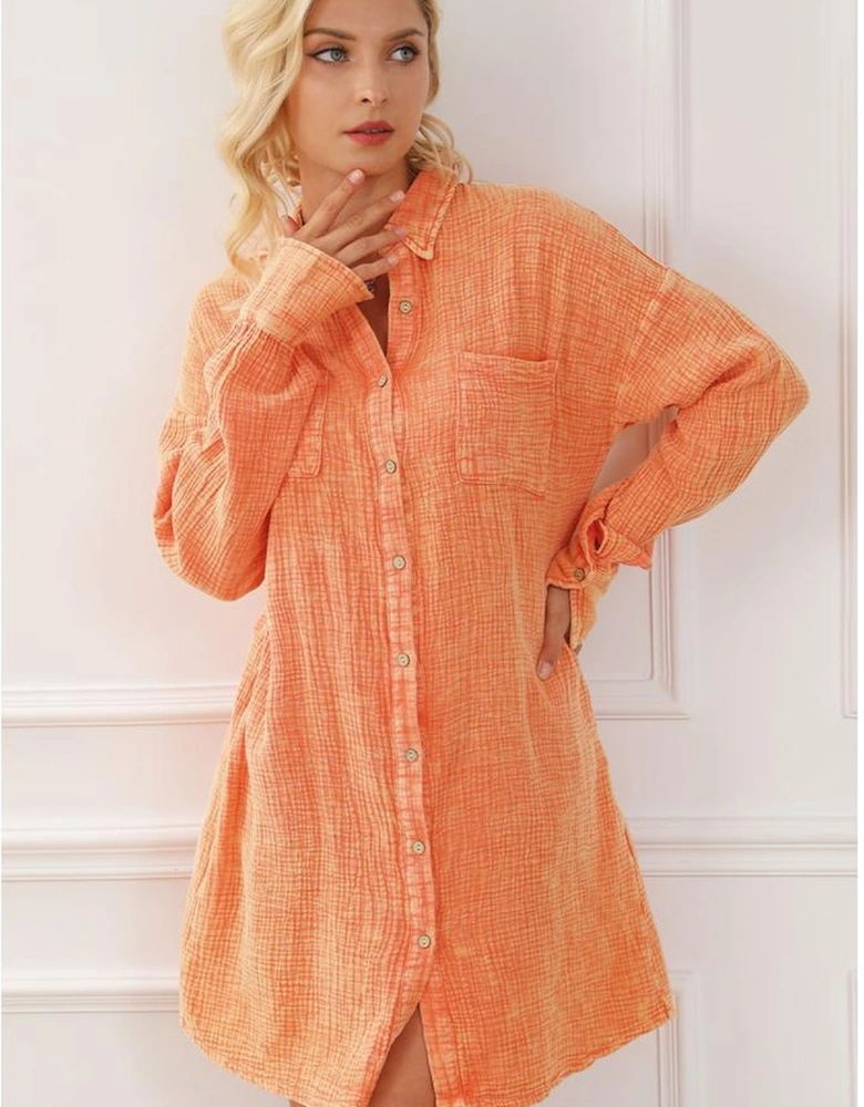 Orange Crinkled Dual Chest Pocket Oversized Shirt Dress