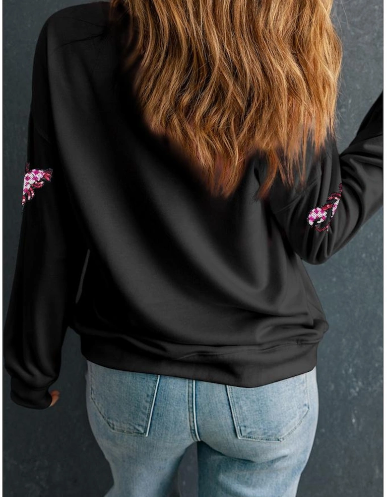 Black Sequined Crawfish Graphic Drop Shoulder Sweatshirt