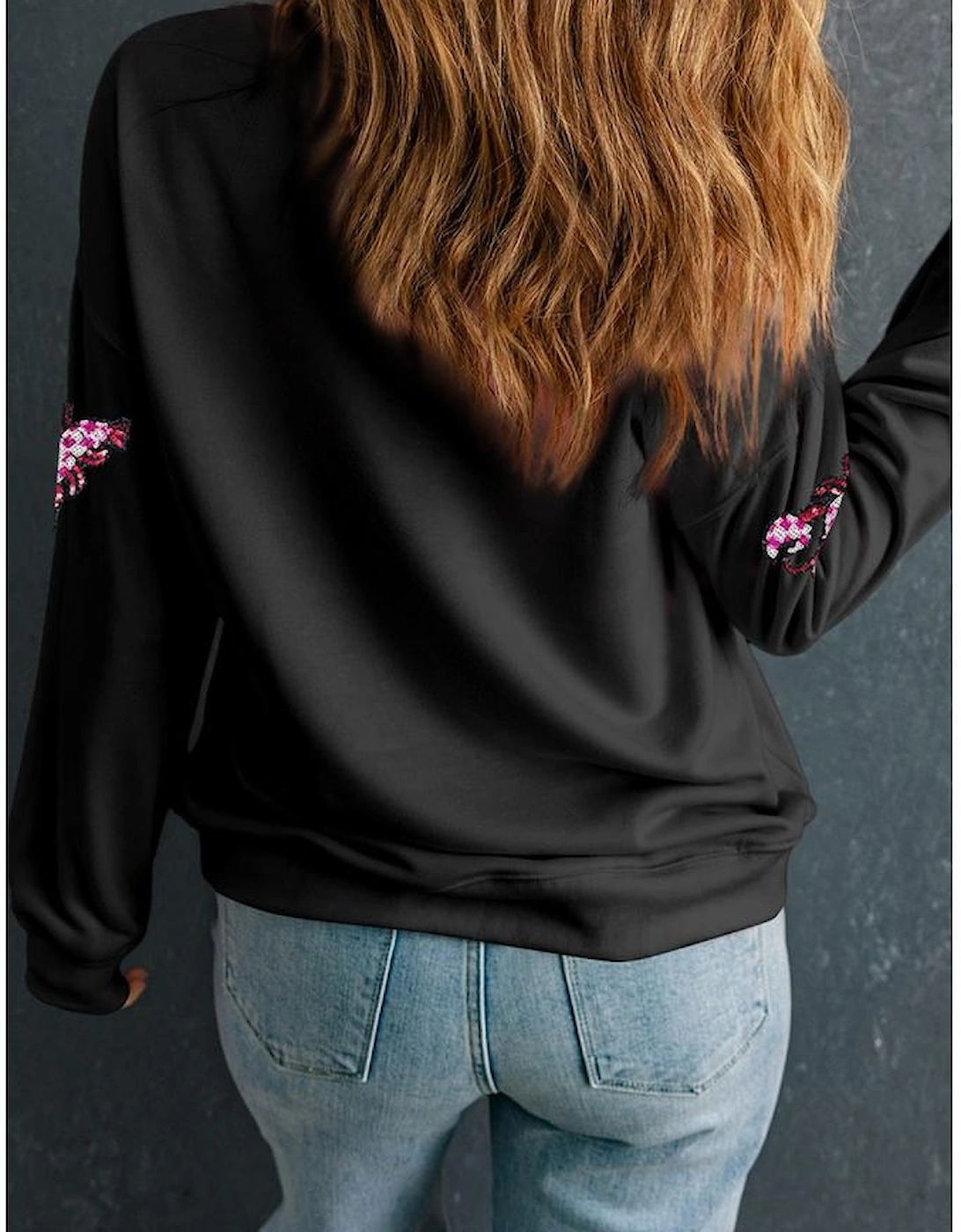 Black Sequined Crawfish Graphic Drop Shoulder Sweatshirt