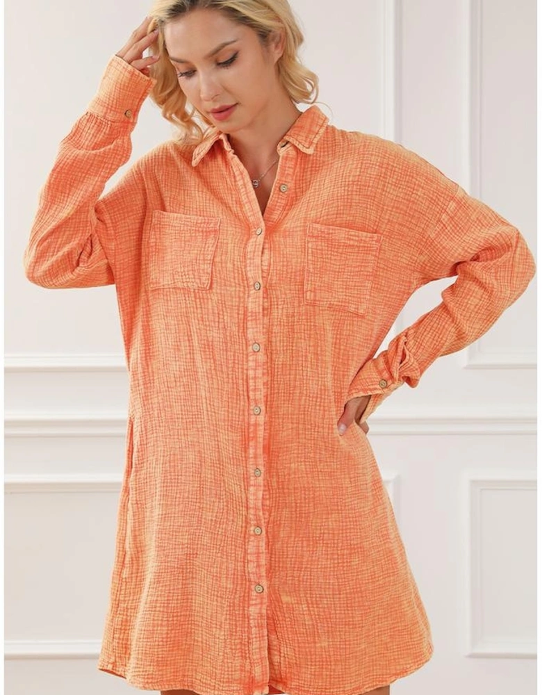 Orange Crinkled Dual Chest Pocket Oversized Shirt Dress