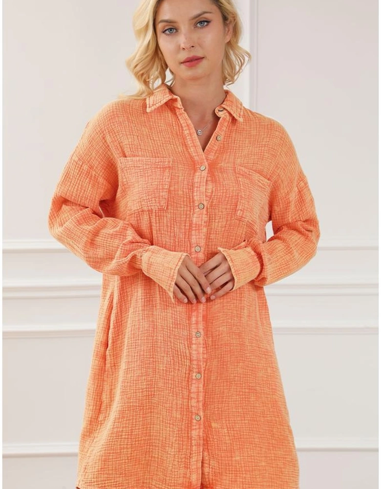 Orange Crinkled Dual Chest Pocket Oversized Shirt Dress