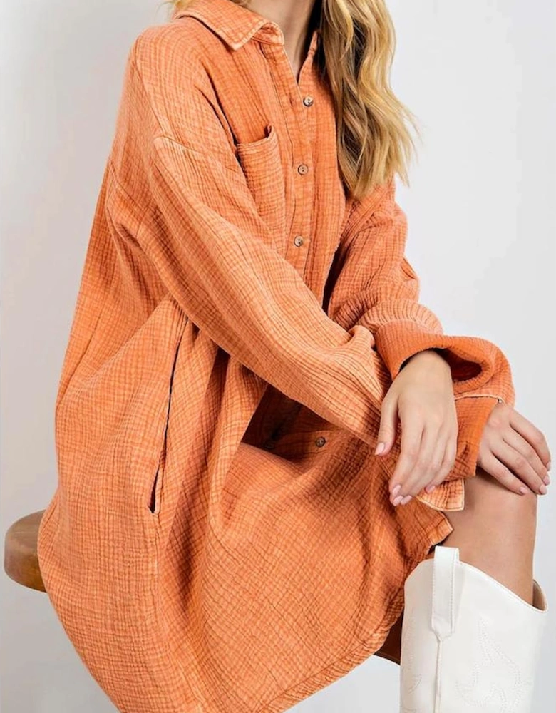 Orange Crinkled Dual Chest Pocket Oversized Shirt Dress
