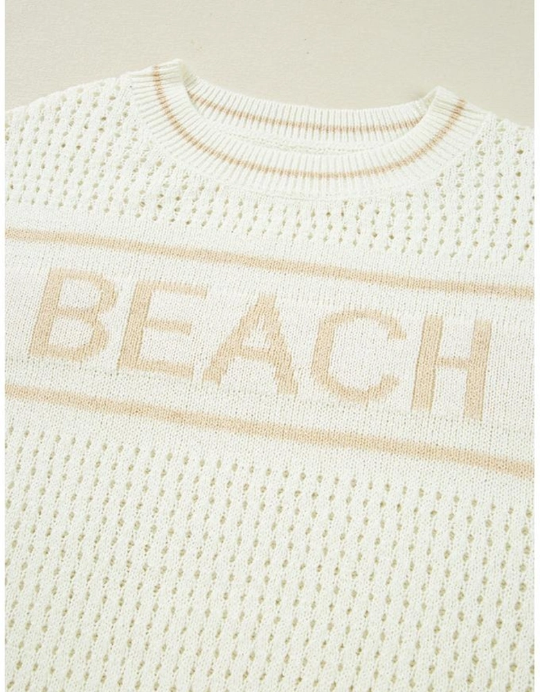 White BEACH Hollow Out Knitted Lightweight Dolman Sweater