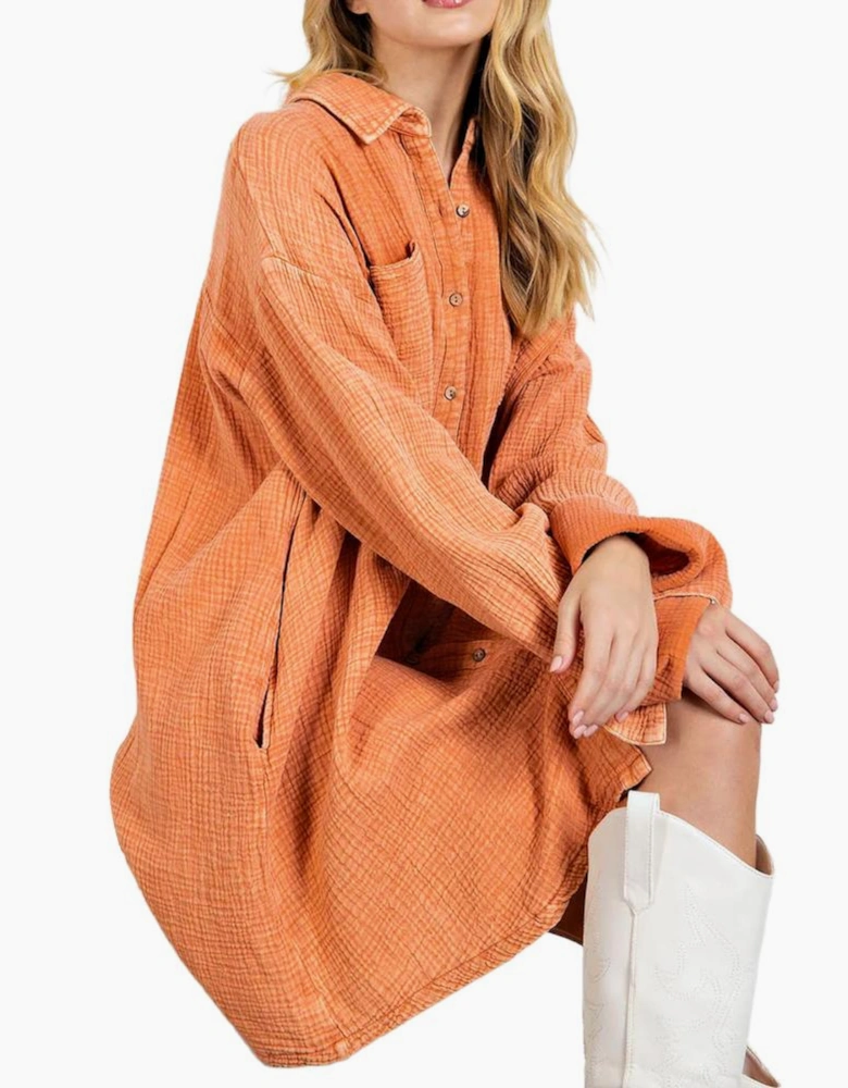 Orange Crinkled Dual Chest Pocket Oversized Shirt Dress