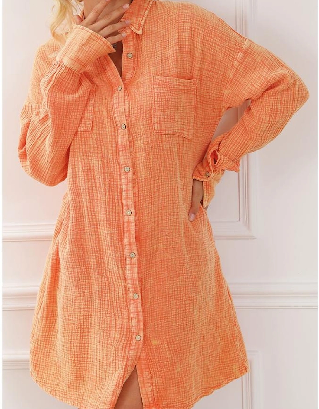 Orange Crinkled Dual Chest Pocket Oversized Shirt Dress