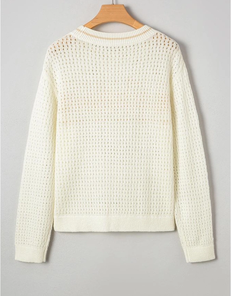 White BEACH Hollow Out Knitted Lightweight Dolman Sweater