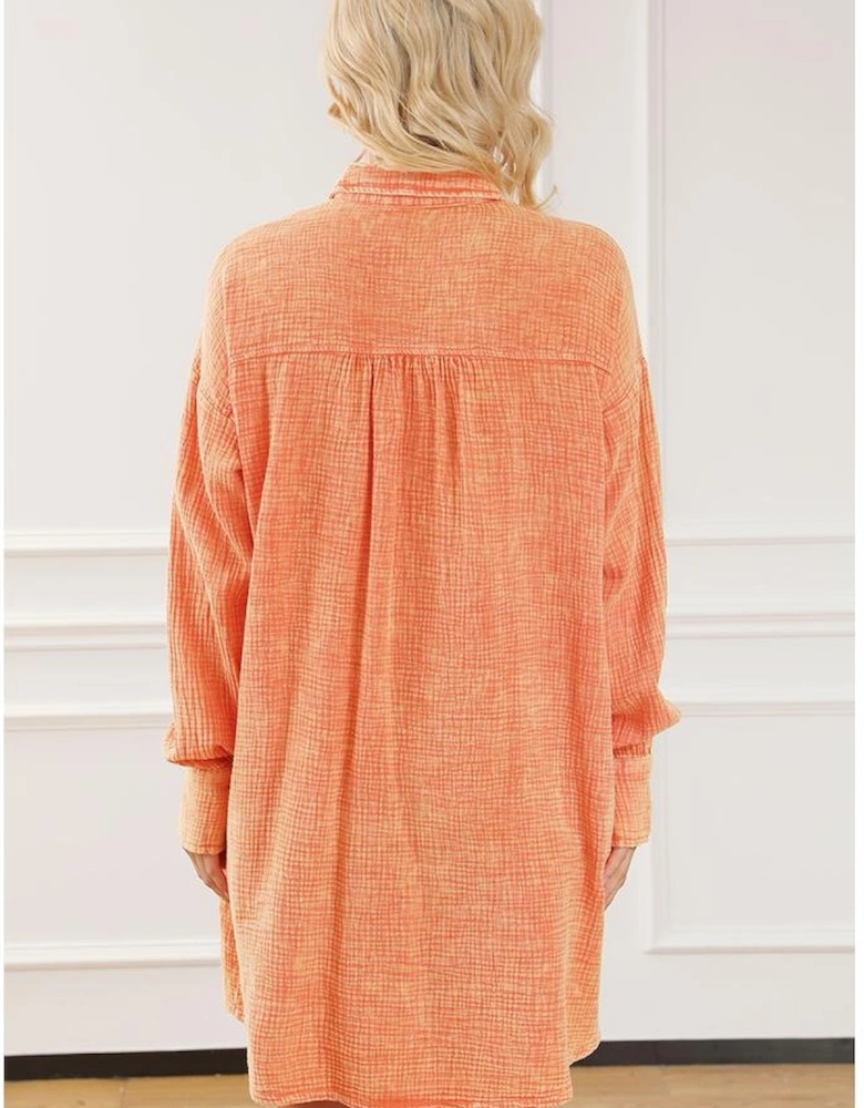 Orange Crinkled Dual Chest Pocket Oversized Shirt Dress