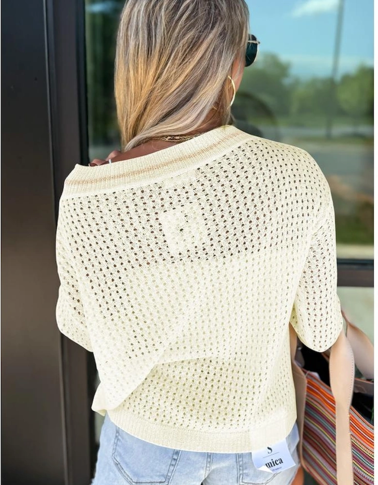 White BEACH Hollow Out Knitted Lightweight Dolman Sweater