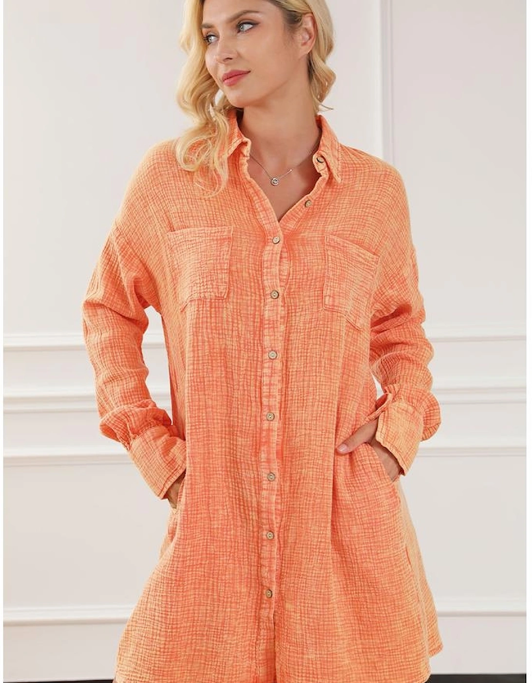 Orange Crinkled Dual Chest Pocket Oversized Shirt Dress