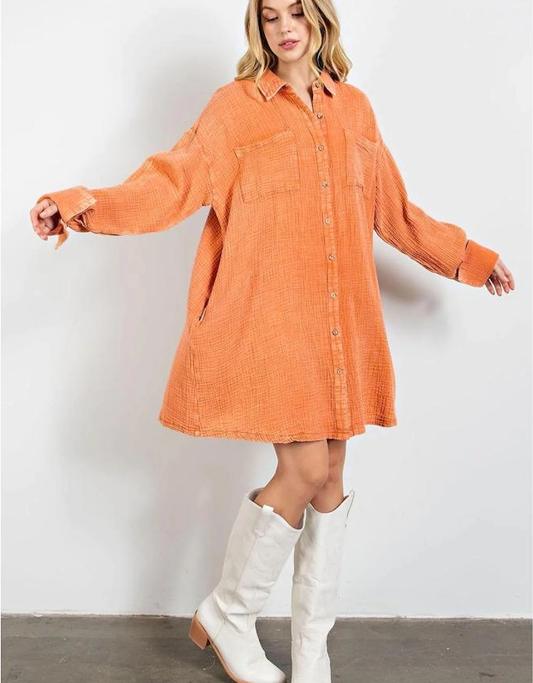 Orange Crinkled Dual Chest Pocket Oversized Shirt Dress