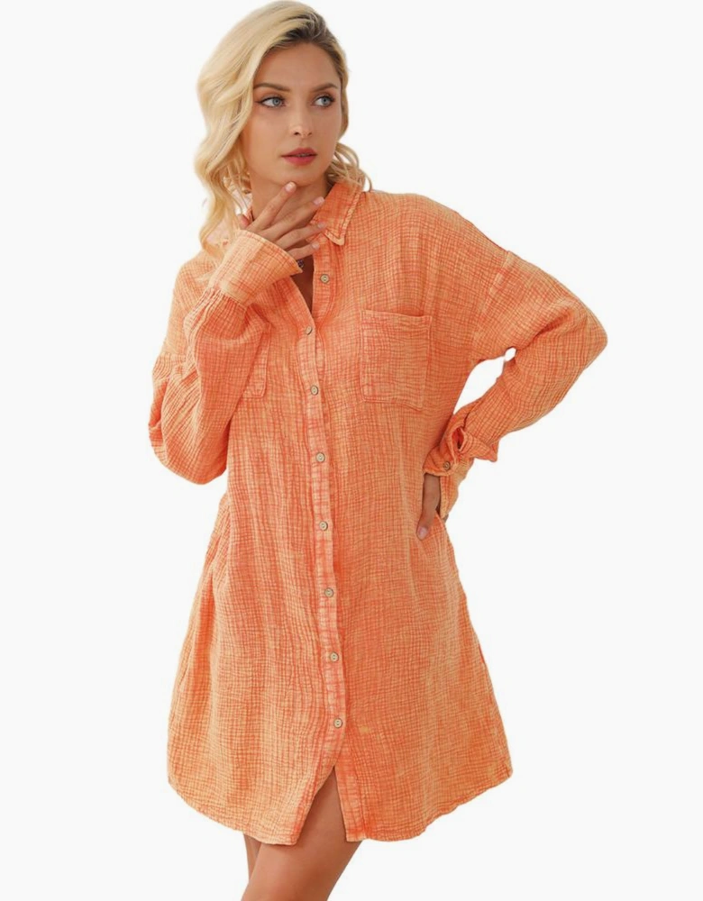 Orange Crinkled Dual Chest Pocket Oversized Shirt Dress