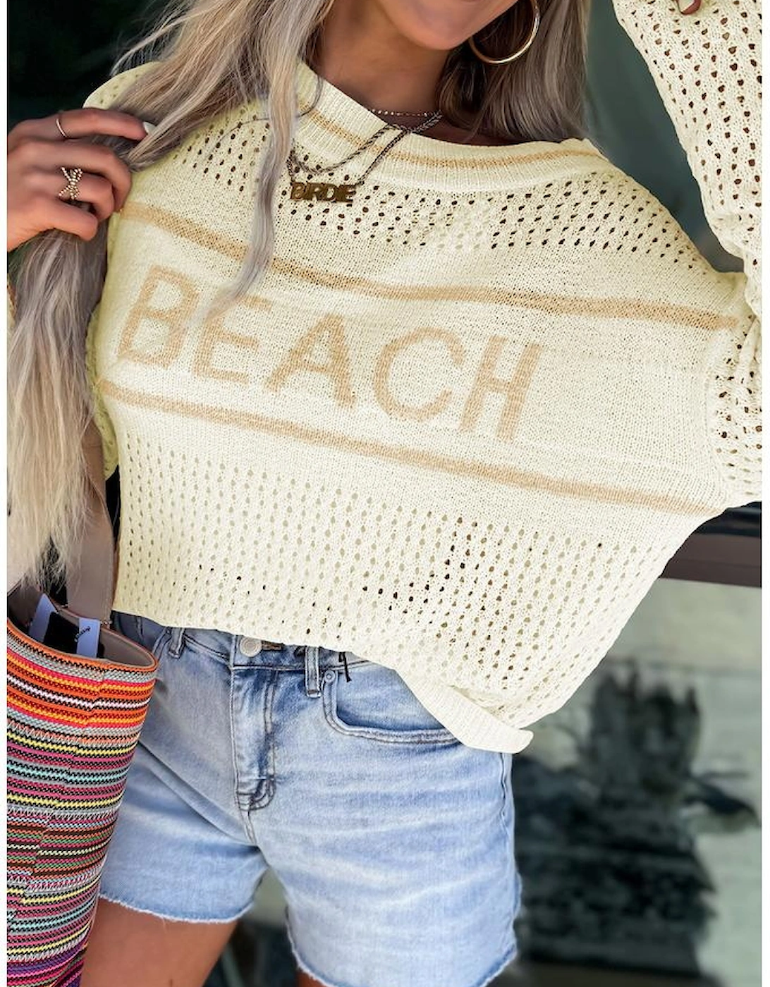 White BEACH Hollow Out Knitted Lightweight Dolman Sweater