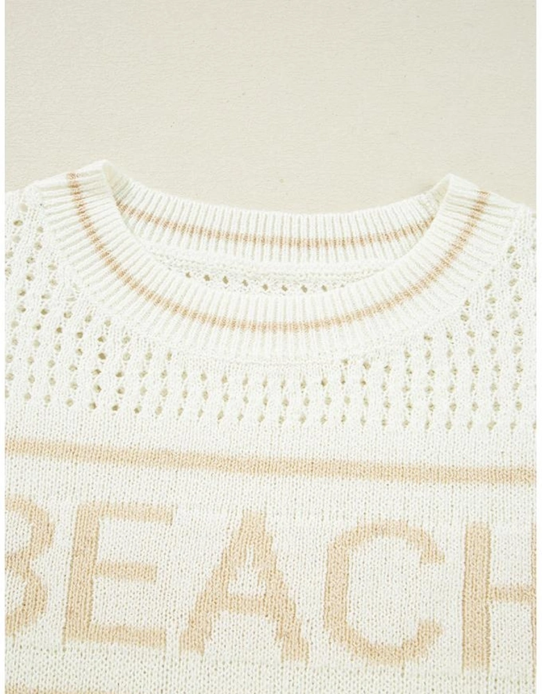 White BEACH Hollow Out Knitted Lightweight Dolman Sweater