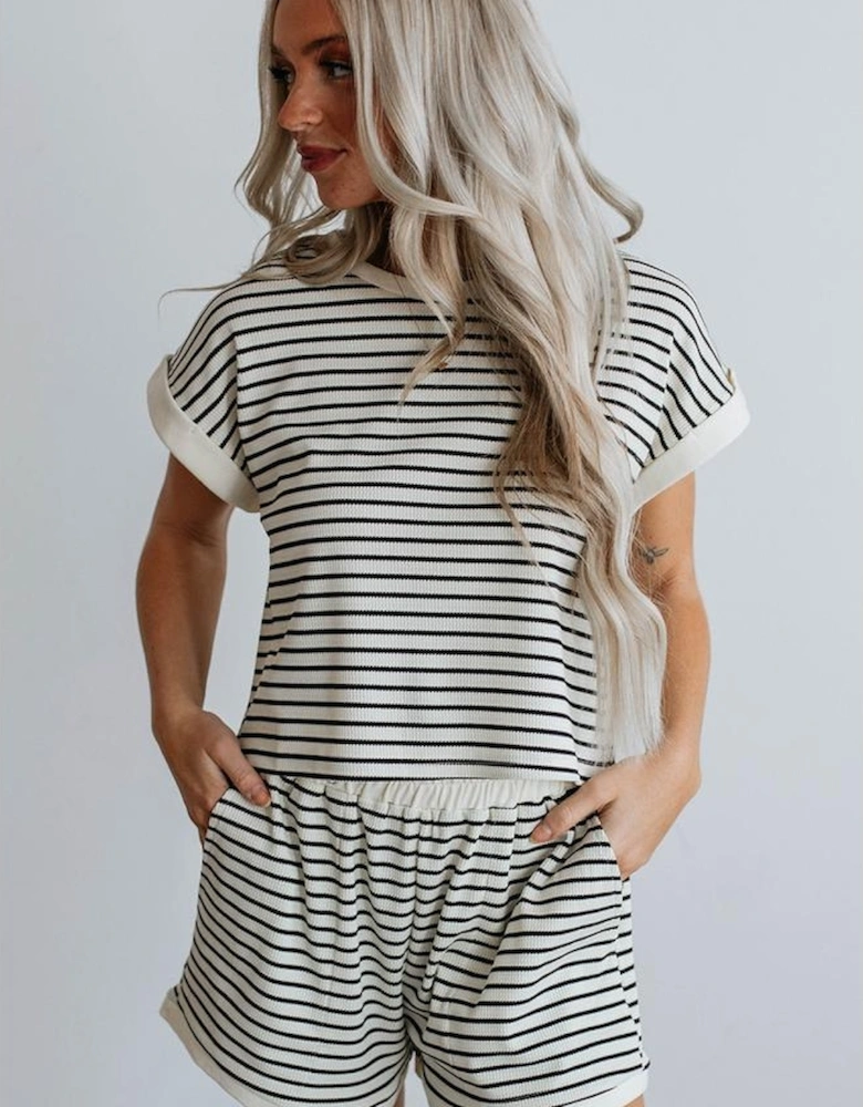 White Stripe Contrast Edge Tee and Shorts Set