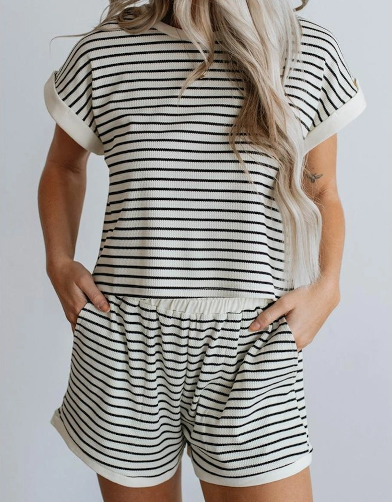 White Stripe Contrast Edge Tee and Shorts Set