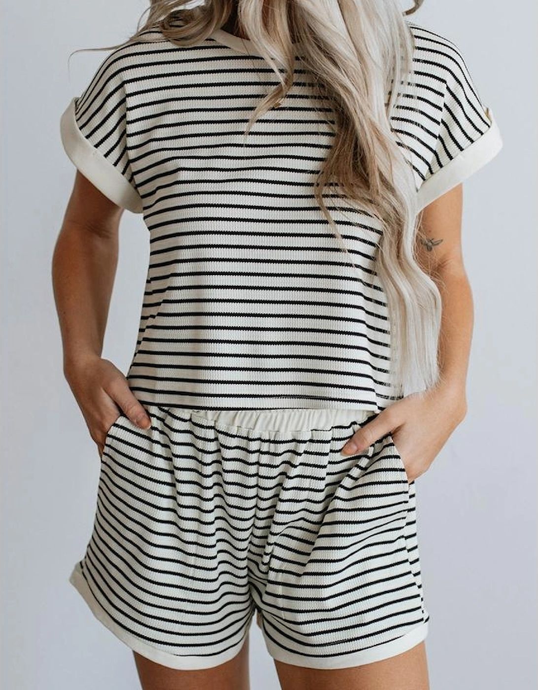 White Stripe Contrast Edge Tee and Shorts Set, 12 of 11